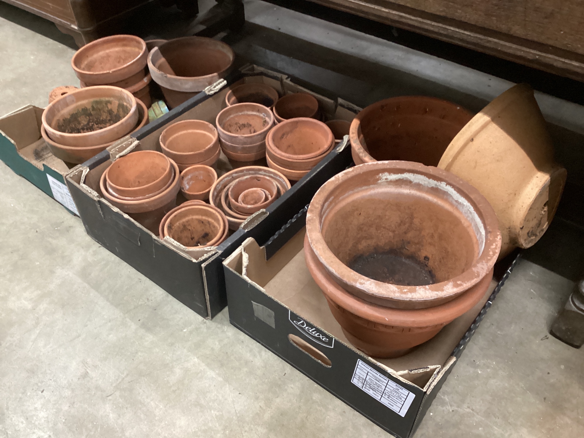 A quantity of terracotta pots (approx. 60) largest 31cm diameter.